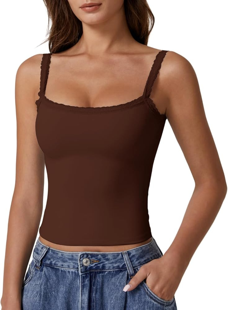 QINSEN Womens Square Neck Lace Trim Tank Top Double Lined Slim Fitted Y2k Going Out Camisole Shir... | Amazon (US)