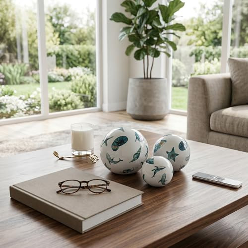 Coastal Orbs for Home Decor - Decorative Ceramic Stoneware Orbs for Bathroom, Office, Living Room and Shelf Display - Nautical Boho Design for Coffee Table Styling - Set of 3, 6", 5", 4", Blue & White | Amazon (US)
