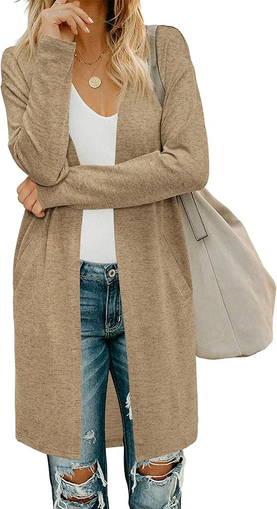 OUGES Women's Open Front Cardigan Shirt with Pockets Long Sleeve Lightweight Coat | Amazon (US)