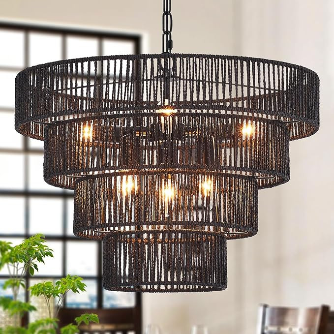Black Hand-Woven Rattan Chandelier Vintage Farmhouse 6-Lights Boho 19.7" Bamboo Black Chandelier ... | Amazon (US)
