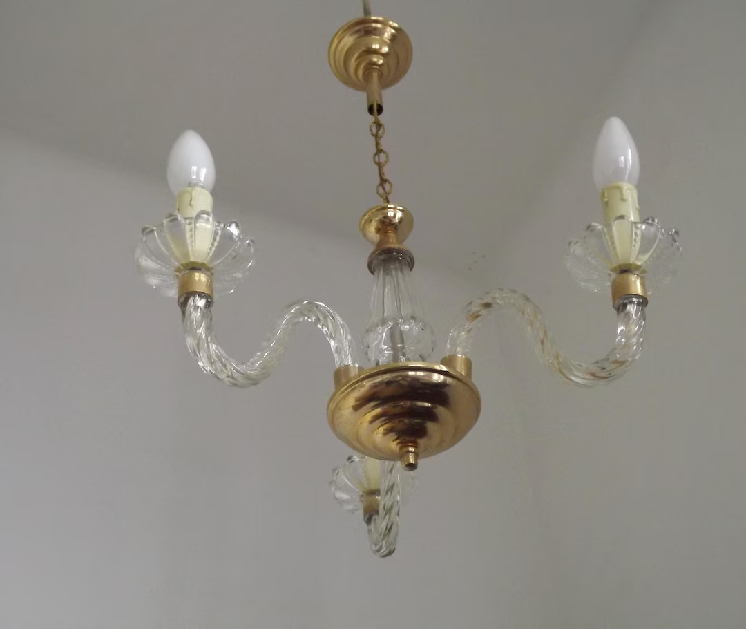 Beautiful French Barley Twist Glass Arms and Gold Metal 3-light Chandelier - French Vintage Light... | Etsy (US)