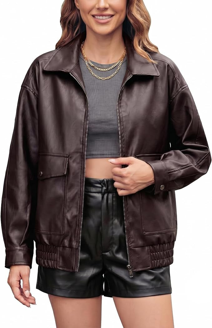 Oversize Leather Jacket Women Faux Motorcycle Coats Bomber with Double Pockets,2025 Fall,Winter F... | Amazon (US)
