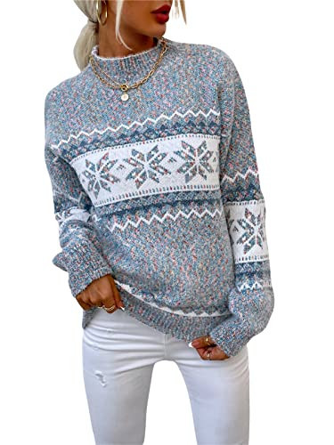 Traumaing Women’s Snowflake Christmas Sweater Casual Long Sleeve Knitted Pullover Sweaters Crewneck Loose Jumper Tops Grey S | Amazon (US)