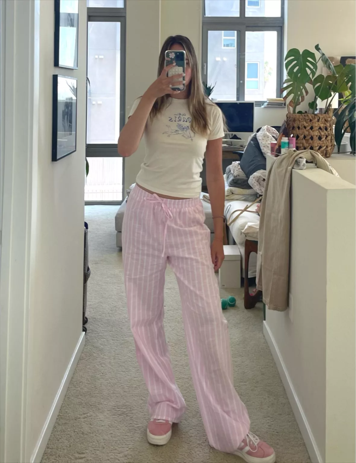 Pink Linen Look Stripe Straight Leg Pants