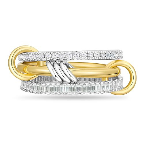 14K Gold Plated Stackable Rings,3 CZ Cubic Zirconia Ring Set ,Silver & Gold Stacking Rings, Multi-Link Connected,Statement Interlocking Band for Women, Hypoallergenic,Non Tarnish wedding ring Size 7 | Amazon (US)