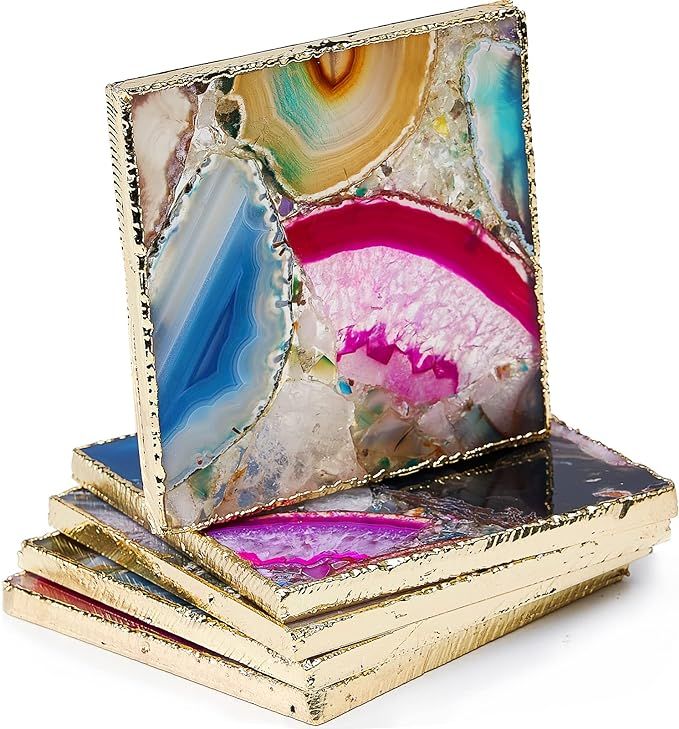 Agate Square Coasters Set of 4, Natural Rainbow Crystal Coaster for Drinks, Geode Square Coasters... | Amazon (US)