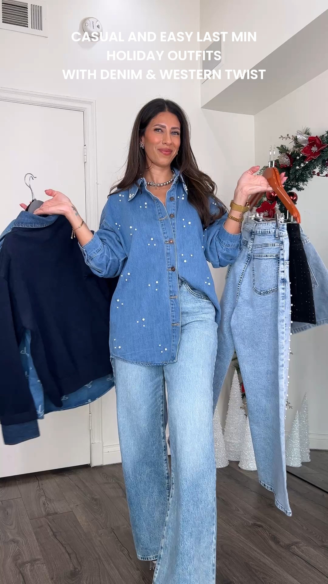 Last minute casual and easy holiday outfits with denim and a western twist! The black rhinestone skirt is pretty short and low waisted, you can wear tights underneath it, I’m wearing slip shorts underneath. The denim rhinestone shorts are size medium. 



#LTKSeasonal #LTKHoliday #LTKFindsUnder50