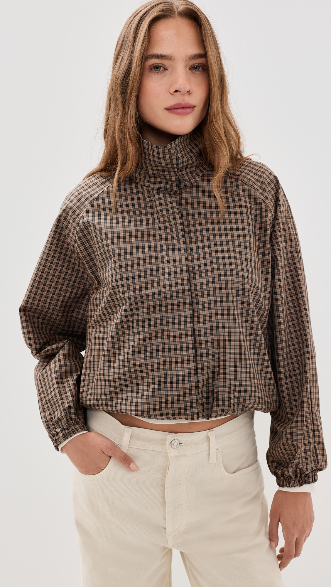 Madewell Funnel Neck Windbreaker Jacket Brown Black Check XXS | Shopbop