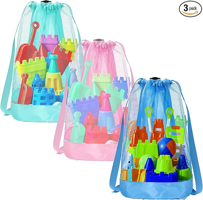 Beach Toy Bag,3pcs Mesh Travel Sand Toys Backpack for Sandbox Buckets,Beach Vacation Essentials f... | Amazon (US)
