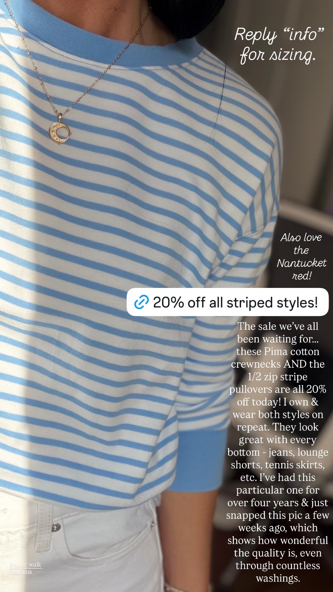 20% off striped Pima cotton pullovers👏

The sale we’ve all been waiting for…..
these Pima cotton crewnecks AND the 1/2 zip stripe pullovers are all 20% off today!

I own & wear both styles on repeat. They look great with every bottom - jeans, lounge shorts, tennis skirts, etc. I’ve had this particular one for over four years & just snapped this pic a few weeks ago, which shows how wonderful the quality is, even through countless washings.

Also love the Nantucket red version🇺🇸

Classic style, Memorial Day sale, Alice walk, casual outfit

#LTKootd #LTKSeasonal #LTKSaleAlert