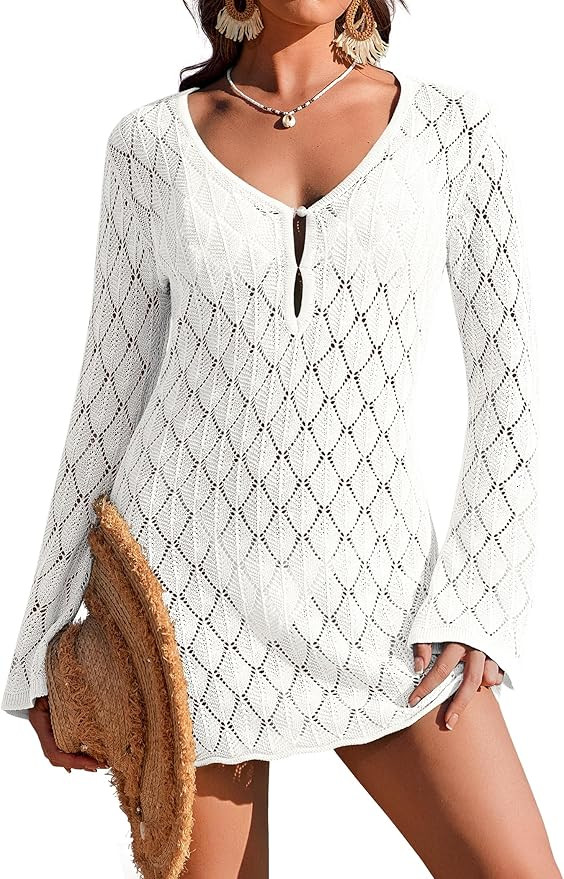Ekouaer Swimsuit Coverup for Women Crochet Beach Cover Up Hollow Out Long Sleeve Cover Ups 2026 S... | Amazon (US)