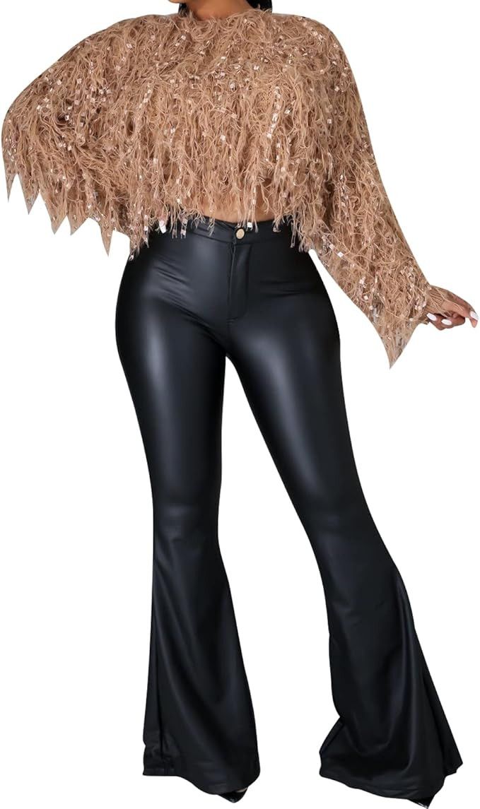 Women's Faux Leather Bell Botom Flare Pants High Waist Stretchy Leggings Wide Leg Trousers | Amazon (US)