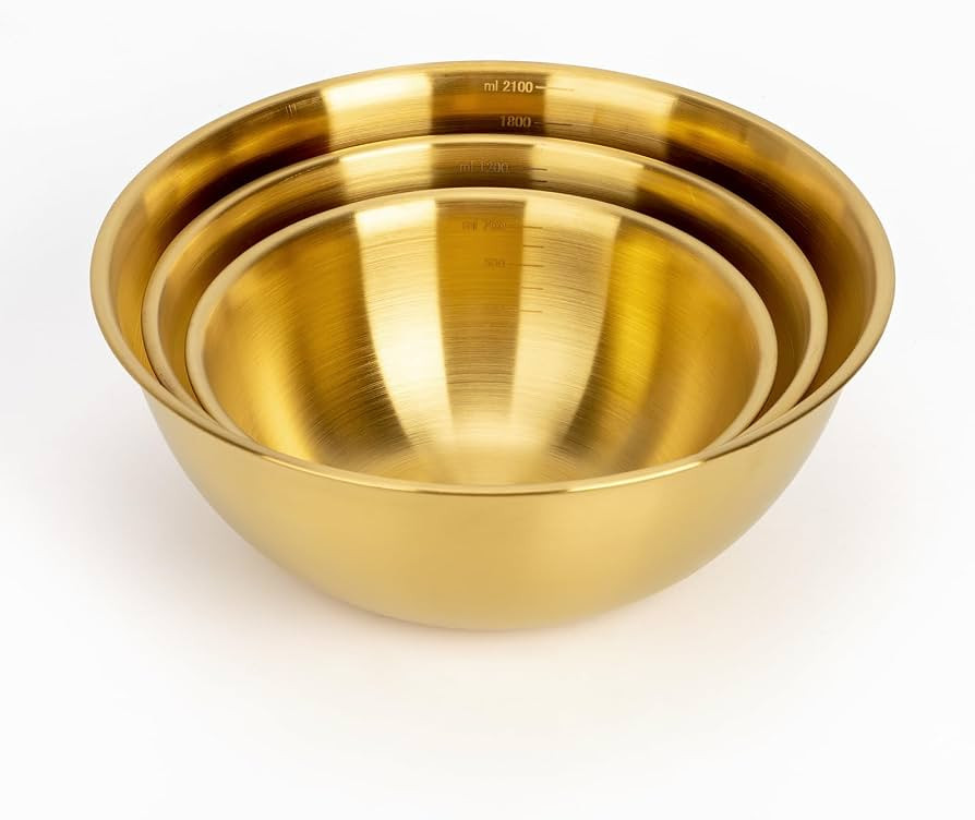 3-Set Stainless Steel Golden Mixing Bowls Set (8.26"+7.1"+6.3"), Metal Bowl with Measurement Mark... | Amazon (US)