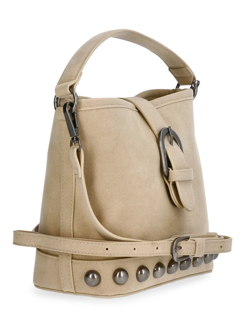 No Boundaries Women's Studded Faux Suede Moto Bucket Bag, Beige | Walmart (US)