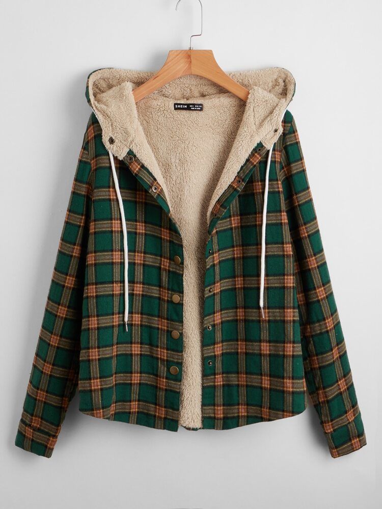 Plaid Print Teddy Lined Snap Button Drawstring Hooded Coat | SHEIN