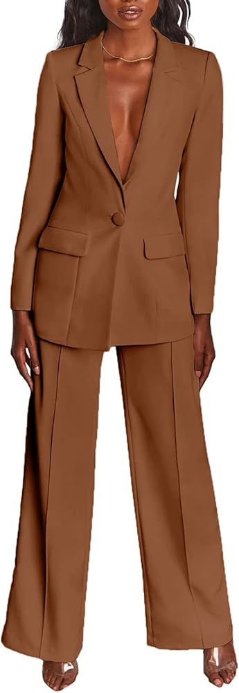 Women's Blazer Suits Lapel Top with Button and Wide Leg Long Pants Business Set Office Suit 2 Piece Pant Sets Brown XX-Large | Amazon (US)