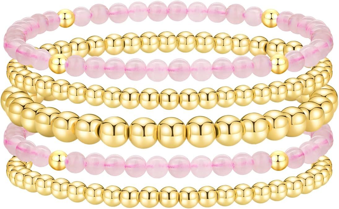 Gold Beaded Bracelets for Women Stackable Gold Bracelets for Women 14K Gold Plated Stretch Bead B... | Amazon (US)