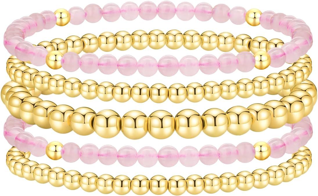 Gold Beaded Bracelets for Women Stackable Gold Bracelets for Women 14K Gold Plated Stretch Bead B... | Amazon (US)