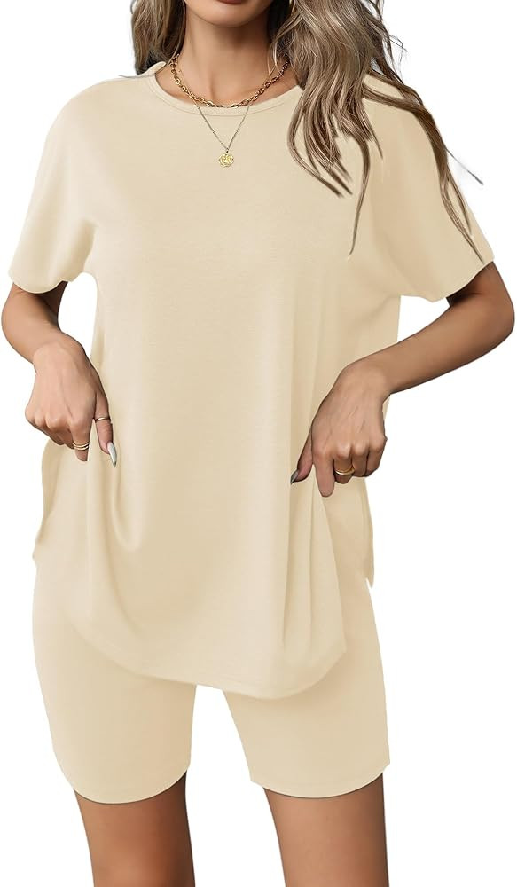 Ekouaer Women's Pajamas Set 2 Piece Cap Sleeve Loungewear Oversized Top Biker Shorts Set Short Sl... | Amazon (US)