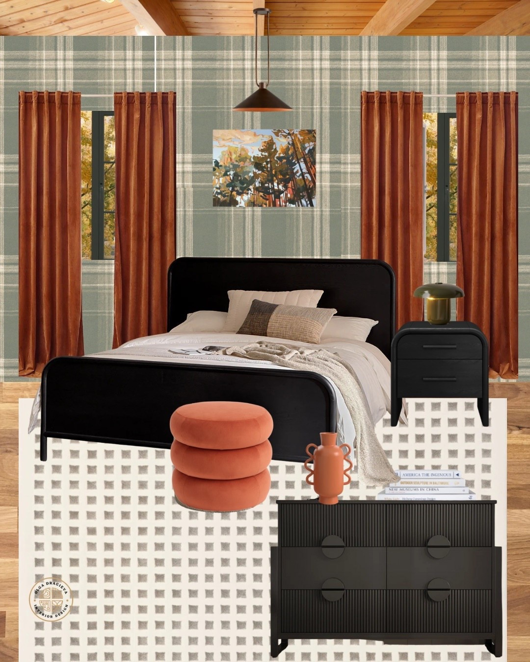 We are going to the cabin, so I was inspired to design a cabin-inspired bedroom for you as well. I love the black queen bed and nightstand from Article, rust brown curtains, plaid wallpaper, velvet storage ottoman and a black dresser, wall art from Minted. #bedroom #falldecor 

#LTKStyleTip #LTKHome #LTKFallSale