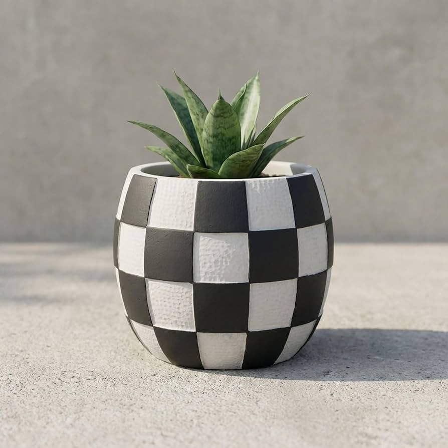 Cement Planter Pots - Decorative Planters for Plants, Indoor Shelf or Outdoor Patio Decor, Checke... | Amazon (US)