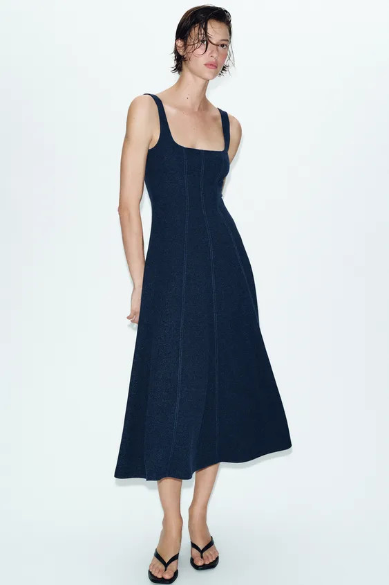 Midi dress with a square neckline and wide straps. Featuring pronounced seams and a flared hem. | Zara UK