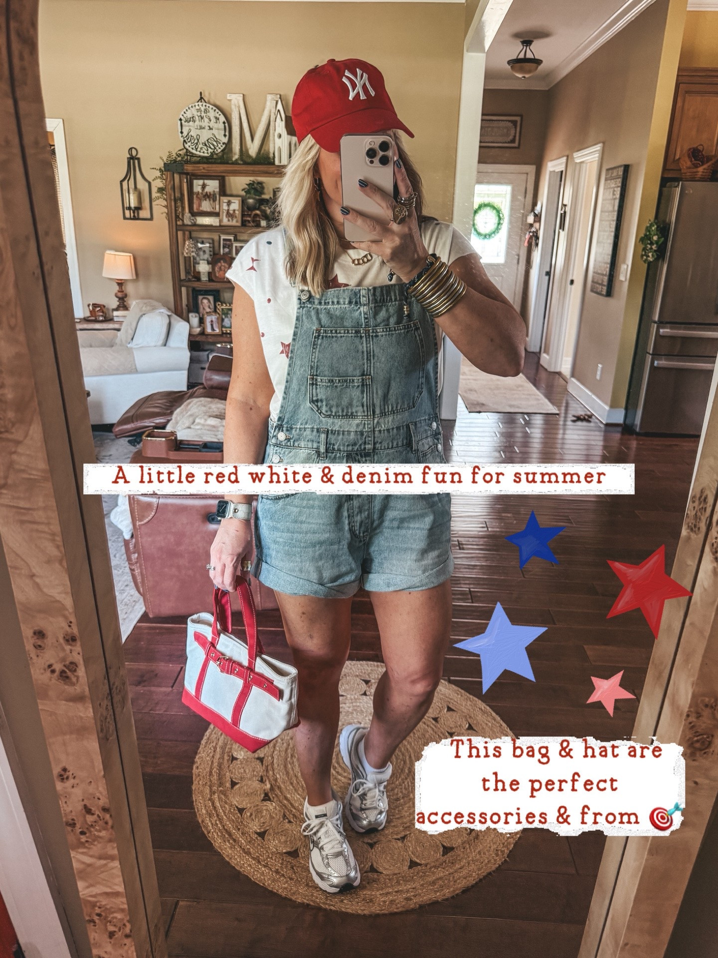 These shortalls are so good! I’m in a medium and also a medium in this star muscle tank. ⭐️
This bag & hat are such fun accessories! ♥️🧢👜

#LTKOver40