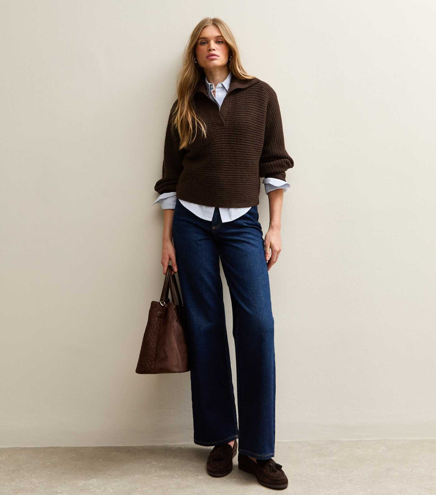 Dark Brown Stitchy Polo Batwing Jumper | New Look | New Look (UK)