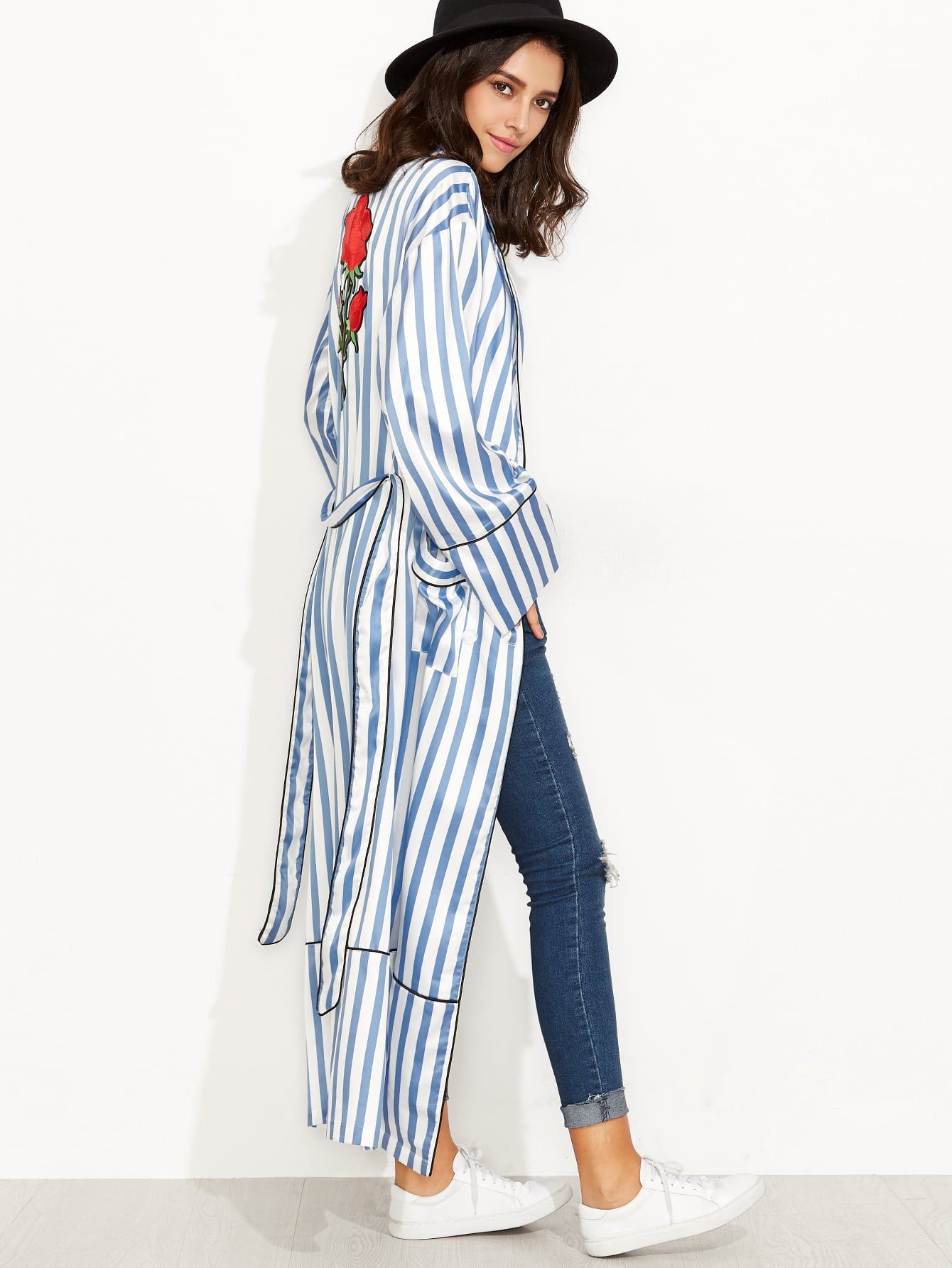 Blue and White Striped Rose Embroidered Tie Waist Outerwear | SHEIN