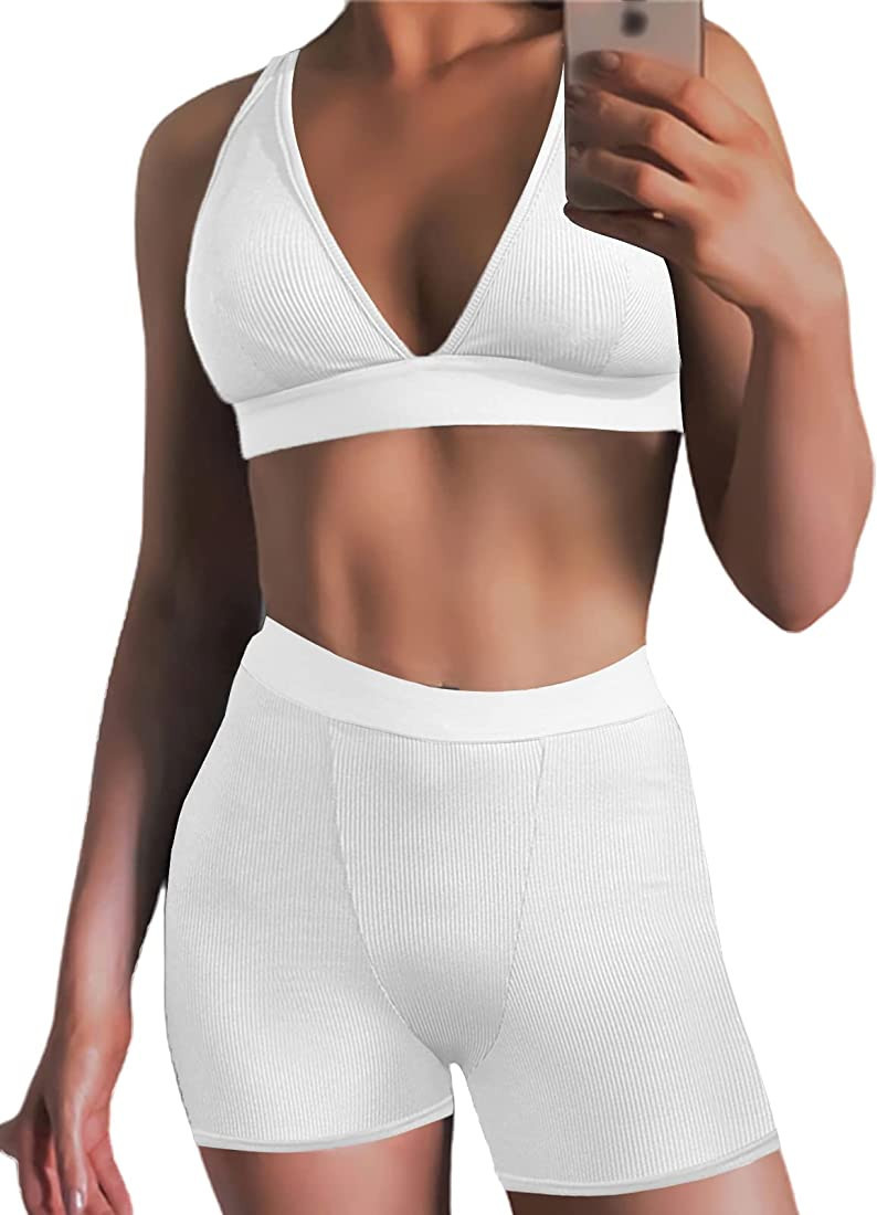 Ekaliy Women's Workout Outfit 2 Pieces High Waist Bodycon Yoga Leggings and Sleeveless Crop Top G... | Amazon (US)