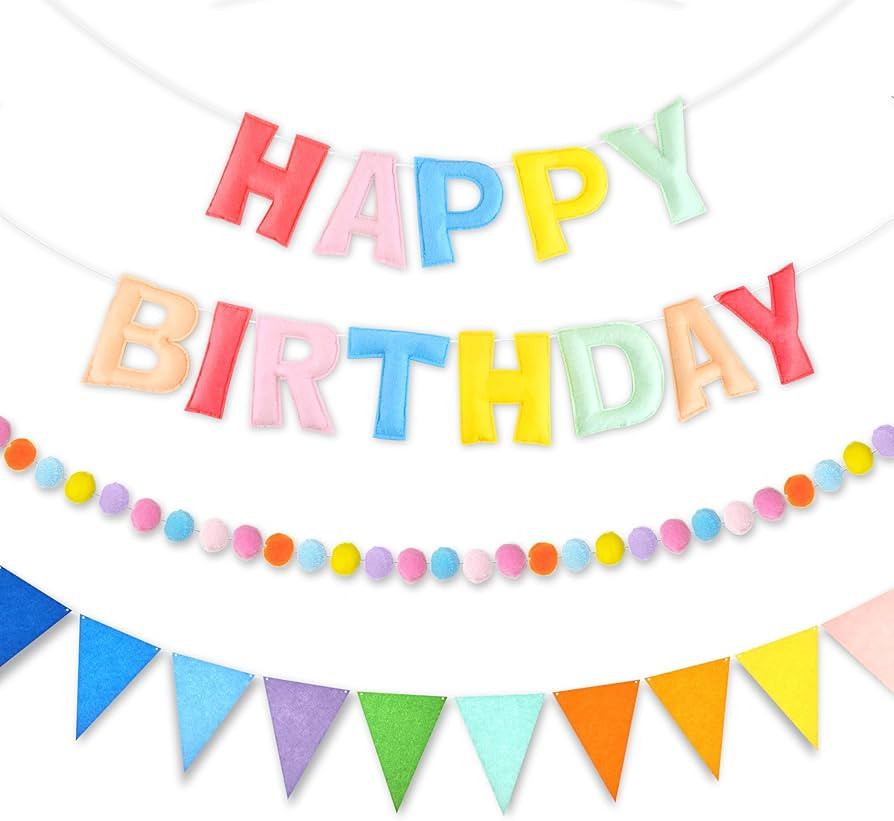 CANREVEL Pre-Strung 3D Happy Birthday Banner, 3 PCS Pastel Felt Garland, Pom Pom Garland, Triangl... | Amazon (US)