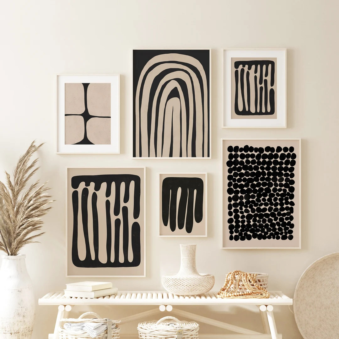 Wall Art Set of 6, Beige Black Wall Art, Downloadable Art, Modern Room Decor, Abstract Shapes Art... | Etsy (US)