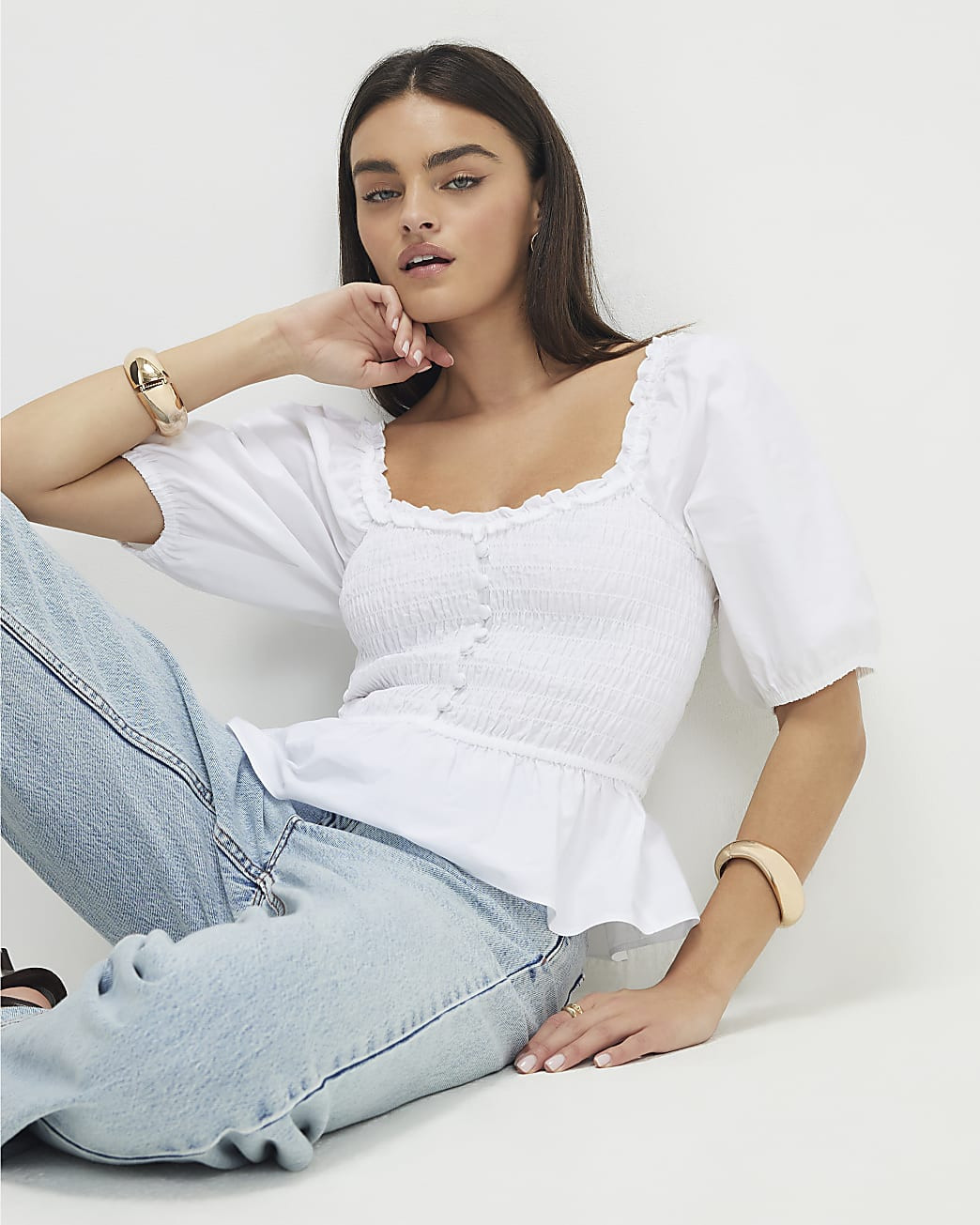 White Puff Sleeve Shirred Top | River Island UK & IE
