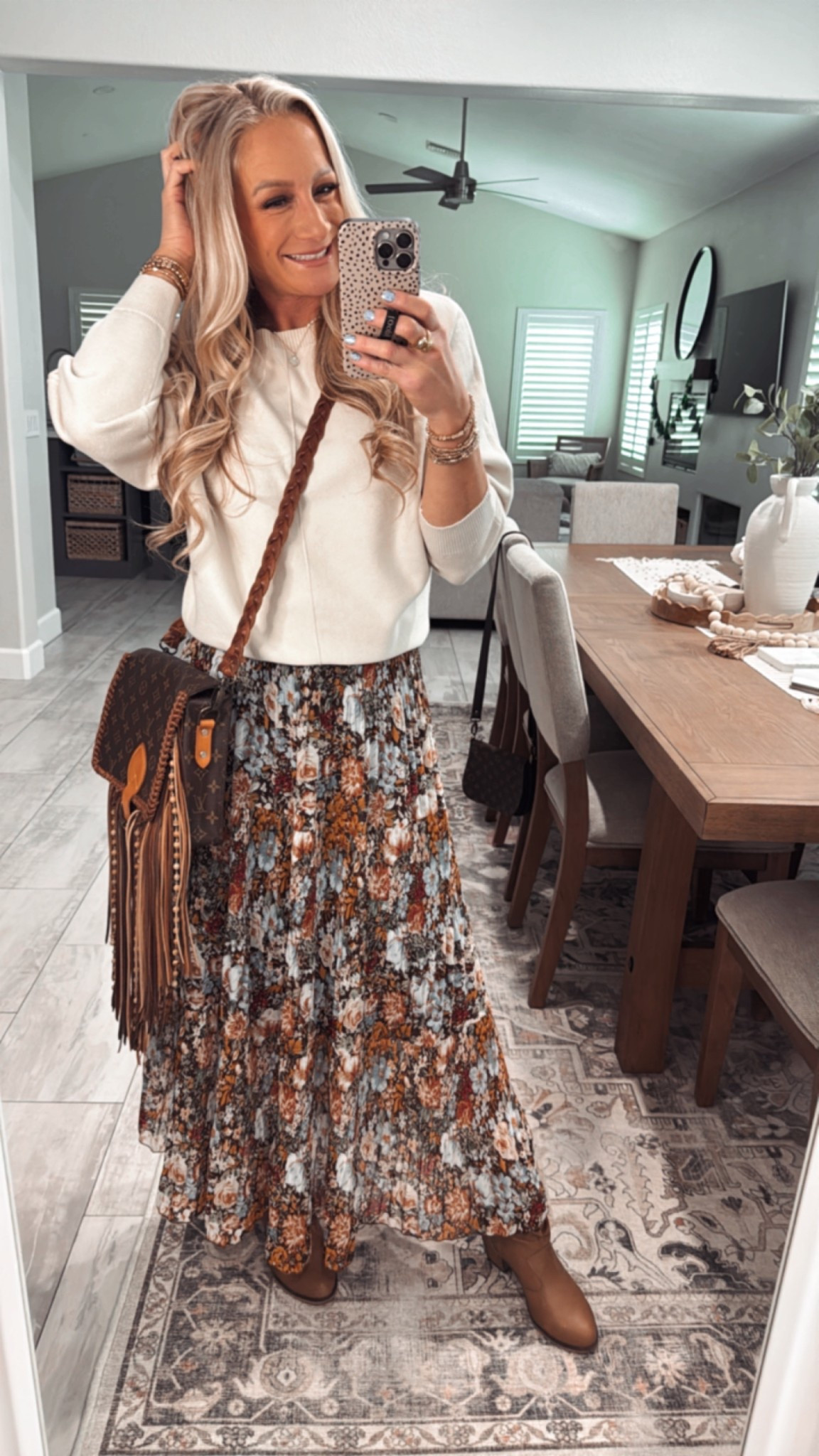 Perfect outfit for spring or fall! Workwear or to the winery! Sweater is beautiful and so comfy on. Skirt is long, flowy, and the floral pattern is gorgeous. Ankle cowboy boots run TTS and create a cute country boho vibe. 

#LTKWorkwear #LTKStyleTip #LTKFindsUnder50