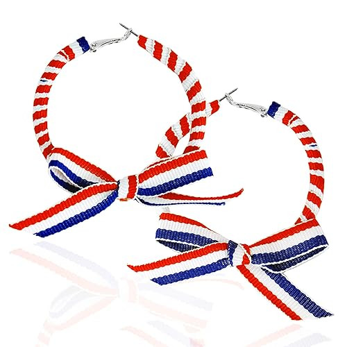 XS Accessories Festive Patriotic American Red White and Blue Ribbon Covered Hoop Earrings with Pr... | Amazon (US)