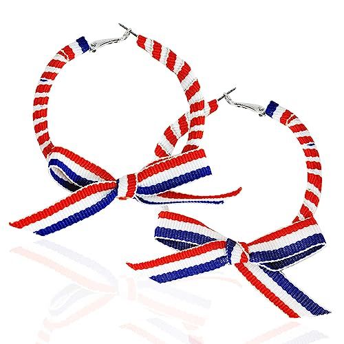 XS Accessories Festive Patriotic American Red White and Blue Ribbon Covered Hoop Earrings with Pr... | Amazon (US)