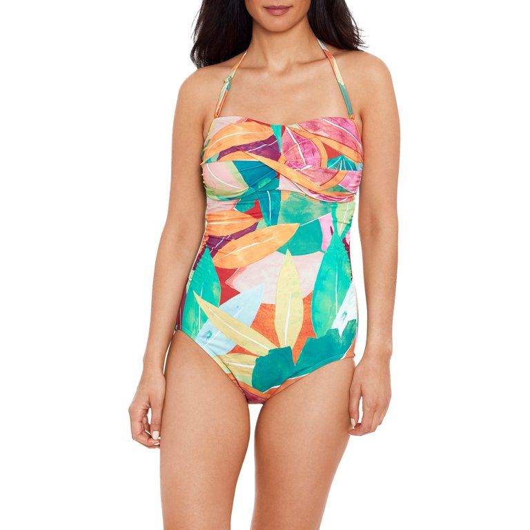 Time and Tru Women’s Watercolor Tropical Leaves Strapless One Piece Swimsuit | Walmart (US)