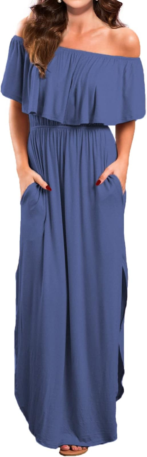 Women's Off Shoulder Summer Casual Long Ruffle Beach Maxi Dress with Pockets | Amazon (US)