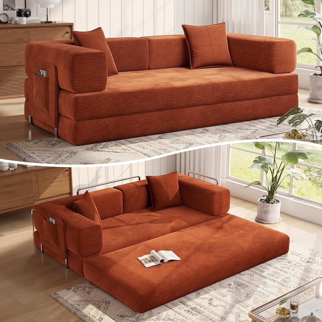Amazon.com : Moon Peak 78.8 sleeper couch bed for living room convertible modular sulfur with armrest pillow modular FLDABLE corduroy counties in the box no assembly (rust red) | Amazon (US)