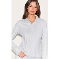 Light Grey Long Sleeved Super Soft V Neck Button Up Top | PrettyLittleThing US