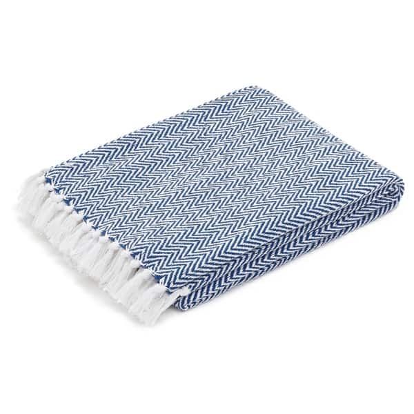 The Curated Nomad Renere Blue and White Herringbone Throw Blanket with Fringe | Bed Bath & Beyond