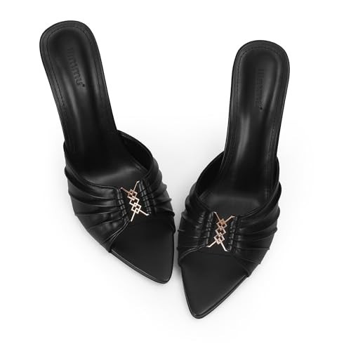 iiimmu 3.5 IN Stiletto Mules High Heels with Pointed Peep Toe Heeled Sandals Faux Leather, Black, Size 6.5 | Amazon (US)