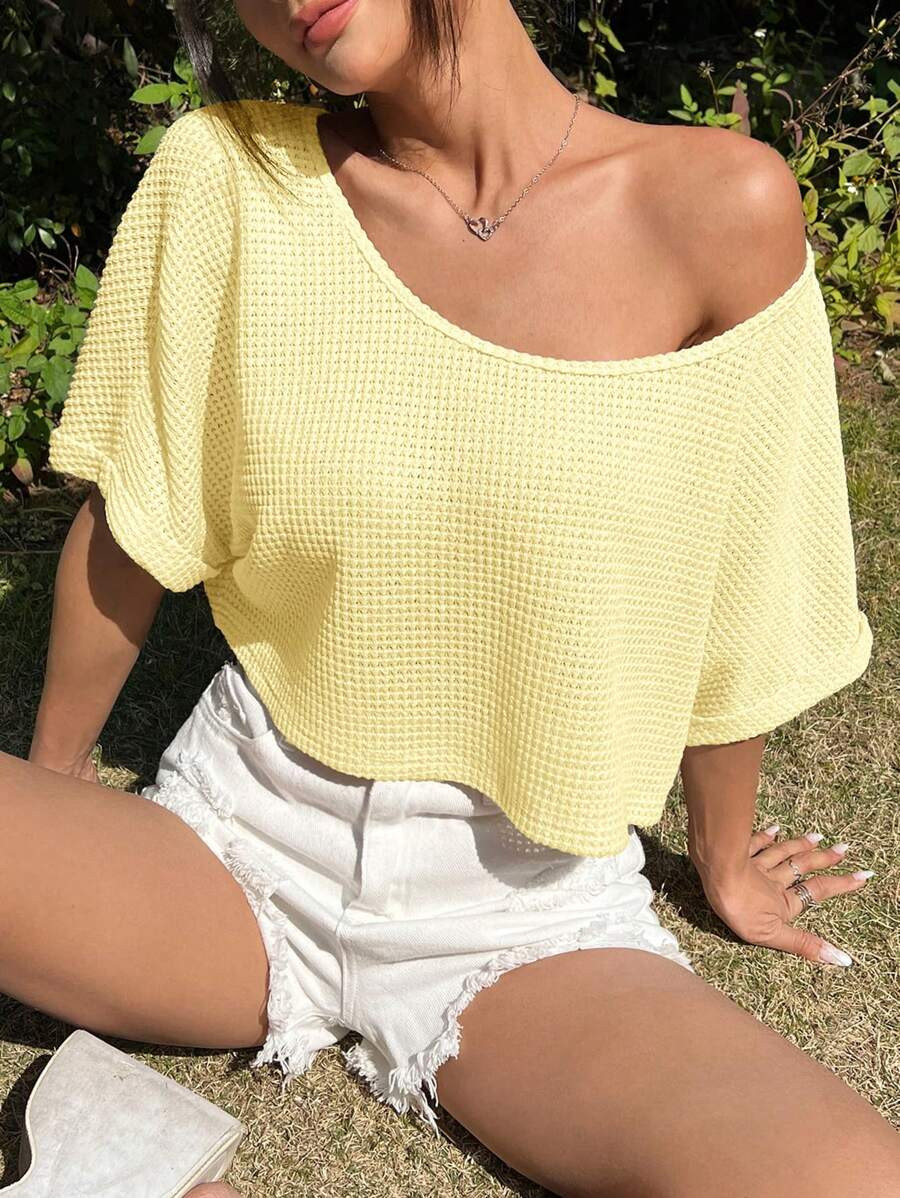 SHEIN EZwear Women's Solid Color Fashion Suitable For Summer Semi-Sheer Oblique Shoulder Knit T-S... | SHEIN