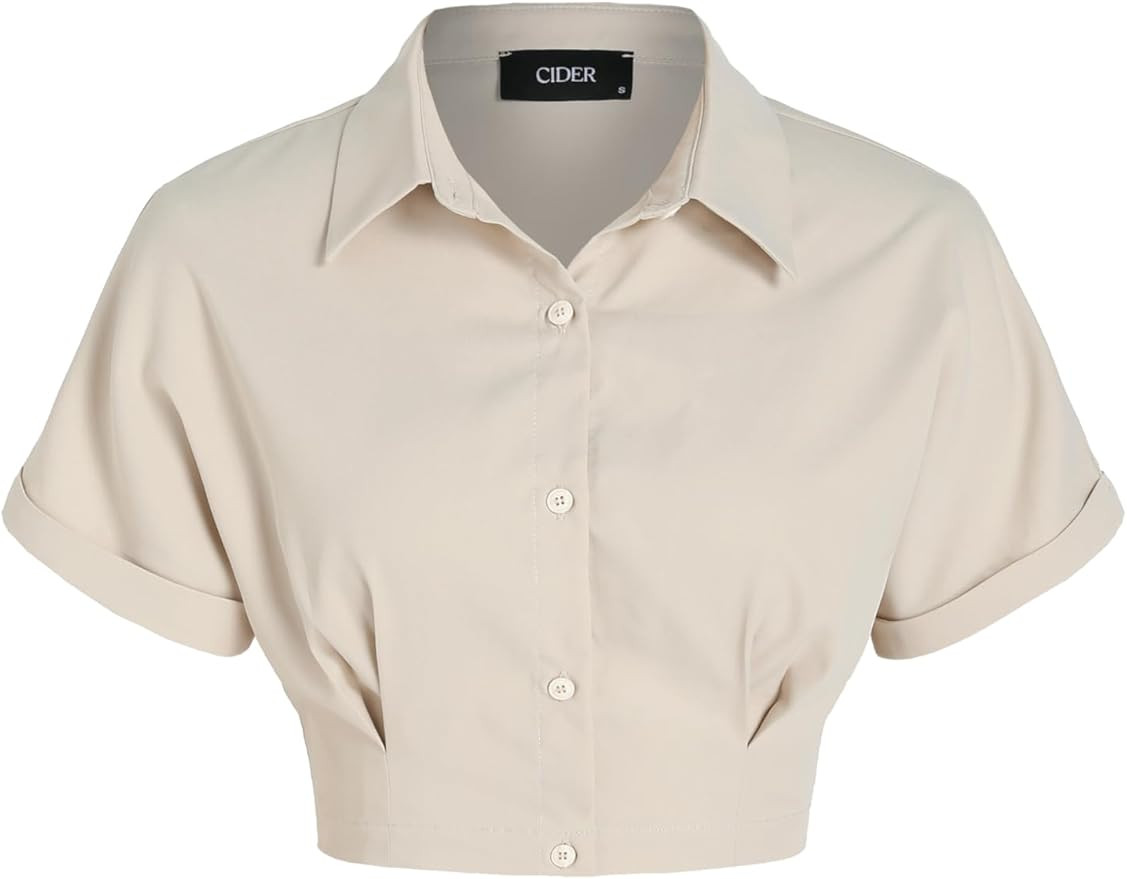 Short Sleeve Blouses for Women Green Crop Tops Womens Summer Tops Collar Button Down Blouse | Amazon (US)