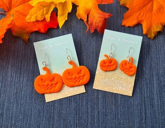 Orange Pumpkin Earrings ~ Silver Plated Jack O'Lantern Halloween Earrings ~ Autumn Jewellery Jewe... | Etsy (UK)