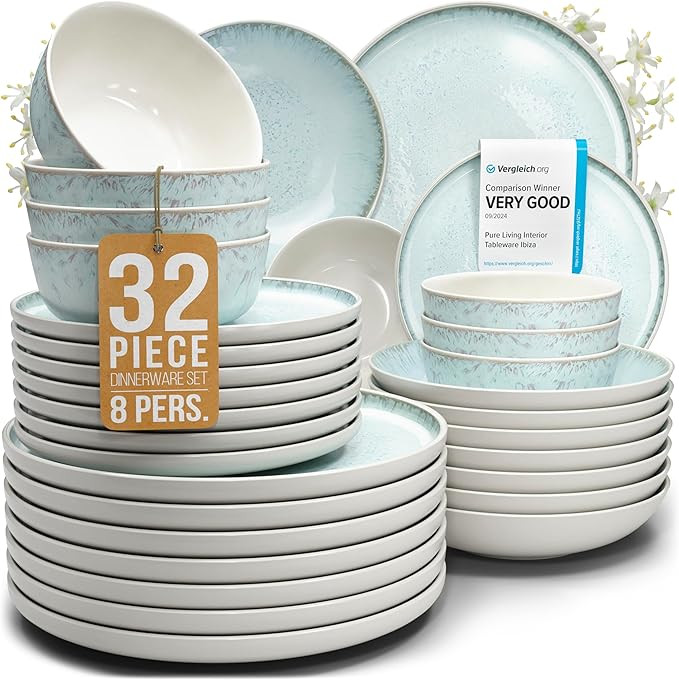 Stoneware dinnerware set 8 persons 32 pcs – Modern style plates and bowls set ceramic – Dishw... | Amazon (US)