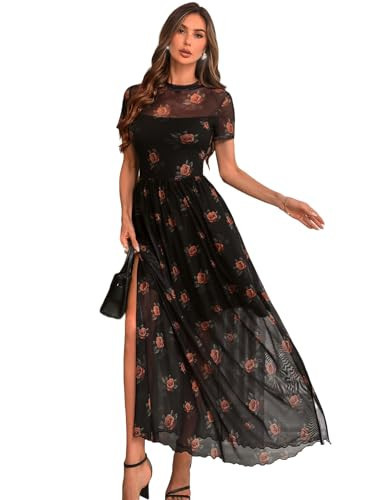 GothDark Women's Mesh Dress Short Sleeve Round Collar Floral Print Waist-Cinched Maxi Fall Casual Dress | Amazon (US)