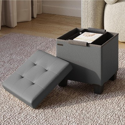 StorageBud Leather Storage Ottoman Cube with Small Bin, 15-in Square Ottoman with Storage for Living Room and Bedroom, Gray Foot Stools | Target