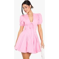 boohoo Women's Tall Corset Detail Puff Sleeve Milkmaid Skater Dress in Pink | Size: 10 | Denim/Polyurethane | boohoo (US & Canada)