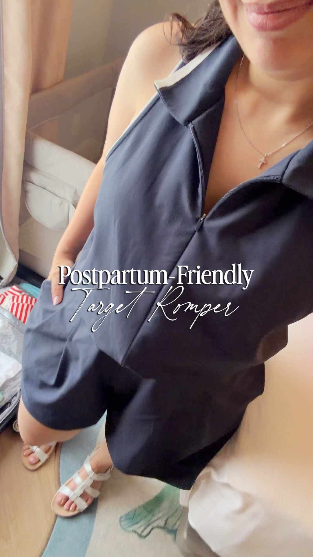 This romper saved me during the Florida heat at eight months postpartum! The long zipper front gave perfect access for nursing on-the-go, which you need when traveling with an infant. I loved the details. The navy felt high-end at a Target price point. I sized up to a medium. It was roomy under the arms but I paired it with a sports bra and it looked fine. 

Are you also going to be postpartum this summer? Drop me an emoji in the comments. Such a doozy to get dressed these days! I’ll keep sharing what’s working for me.

#LTKTravel #LTKPetite #LTKmomlife